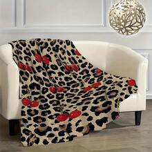 1pc Leopard Cherry Print Flannel Blanket - Ultra-Soft All-Season Throw For Sofa, Bed, Travel & Home Decor - Machine Washable Cozy Gift With Bold Animal Print & Red Cherries, Throw Blanket For Couch, Plush Texture, Contemporary Style, Durable Fabric, Stylish Living-280GSM - 彩色 - 查看 3