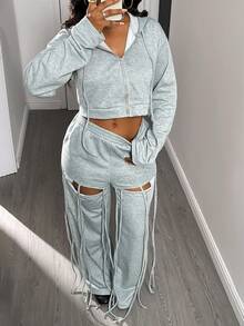 Women 2 Pieces Set Casual Hooded Long Sleeve Zip-Up Jacket And Flare Leg Ripped Fringe Decorated Pants With Pocket, Suitable For Autumn/Winter