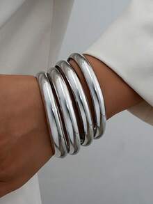 8/4pcs Thick Hoop Metal Bangle Set, Women's Bangle Set, Women's Stackable Bangle Jewelry, Thick Hoop Bangle Set - Silver - View 2