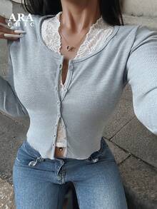 ARA CHIC Women's Gray Pure Desire V-Neck Knitted Cardigan With Lace Layered Inner Slim Short Coat Top, New Autumn Style