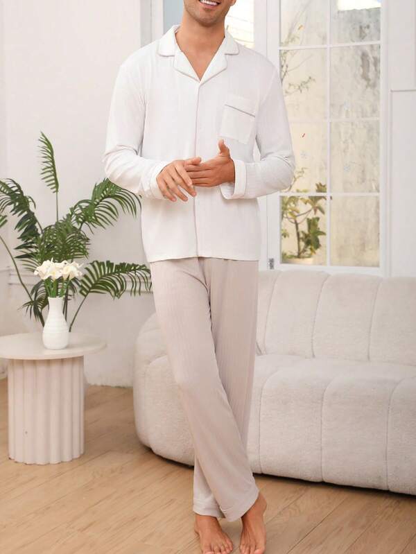 Men's Casual Pajama Set With Collar, Button, Pocket, Ribbed Print, Long Sleeve Top And Pants, Comfortable And Relaxed Loungewear For Autumn/Winter