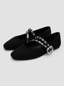 ADAMUMU Women's Fashion Square Toe Casual Party Office Round Buckle Decor Comfortable Flat Shoes - Black - View 2