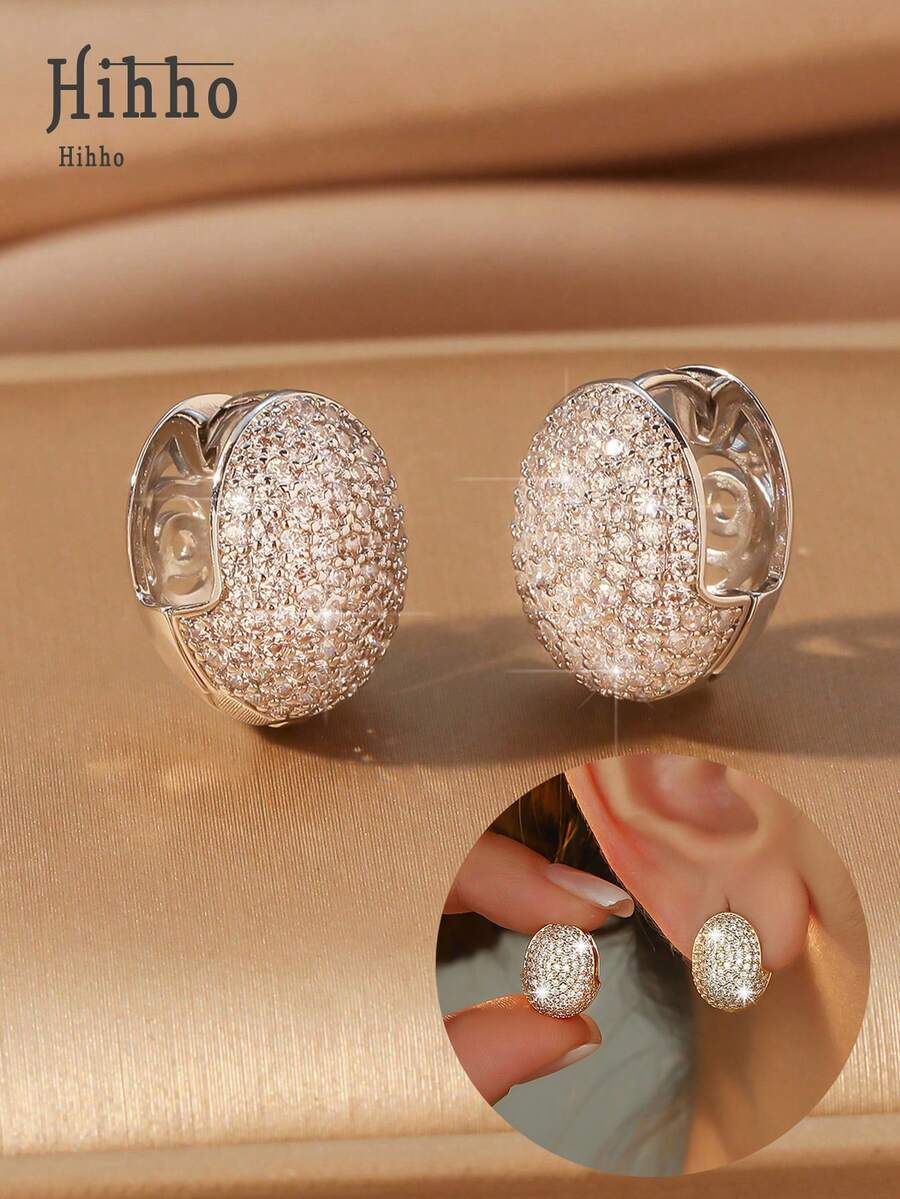 Hihho 1 Pair Luxury Cubic Zirconia Encrusted 3D Egg-Shaped Earrings, Fashionable & Elegant Jewelry Gift For Women