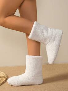 Botas de Cano Médio Forradas Termicamente em Tecido Boêmio de Cor Sólida para Uso Doméstico, Outono/Inverno