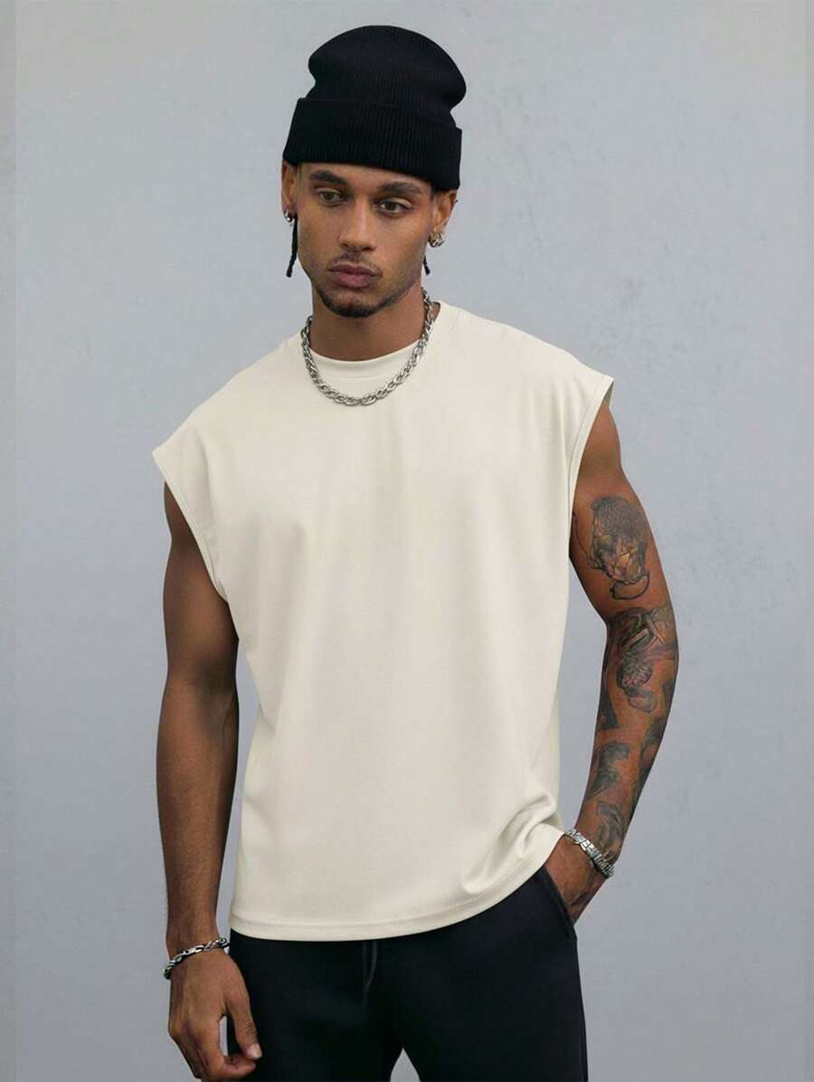 Men's Oversized Tank Top 100% Cotton Plain Basic Oversized Blouse Sleeveless T-Shirt Streetwear Cool - 奶油色 - 查看 1