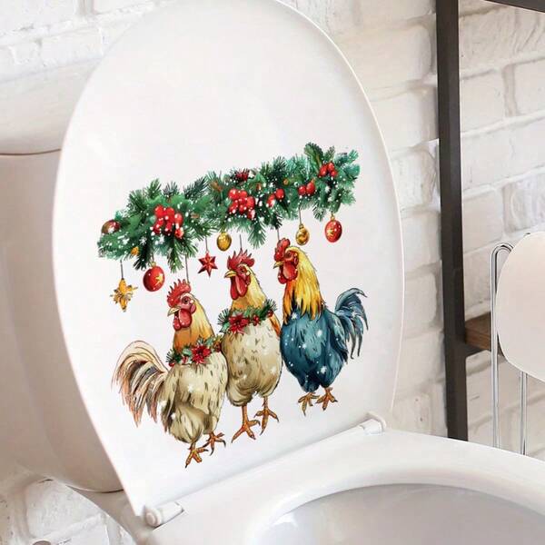 Pegatinas festivas de pollo navideño para el inodoro - Fácil de aplicar y retirar, calcomanías de plástico resistentes al agua y duraderas para baño, puertas, ventanas e inodoro - Diseño festivo colorido con acebo y bayas, perfecto para la transformación del hogar, decoración del baño | Diseño festivo | Pegatinas de fácil aplicación, decoración navideña para el baño