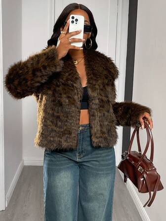 Women's Casual Leopard Print Faux Fur Collar Open Front Jacket, Sexy Street Style For Autumn/Winter