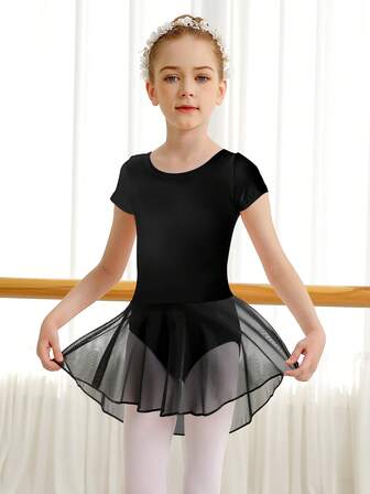 女童芭蕾舞连体衣短袖水滴镂空背舞蹈连体衣幼儿网眼舞蹈表演服