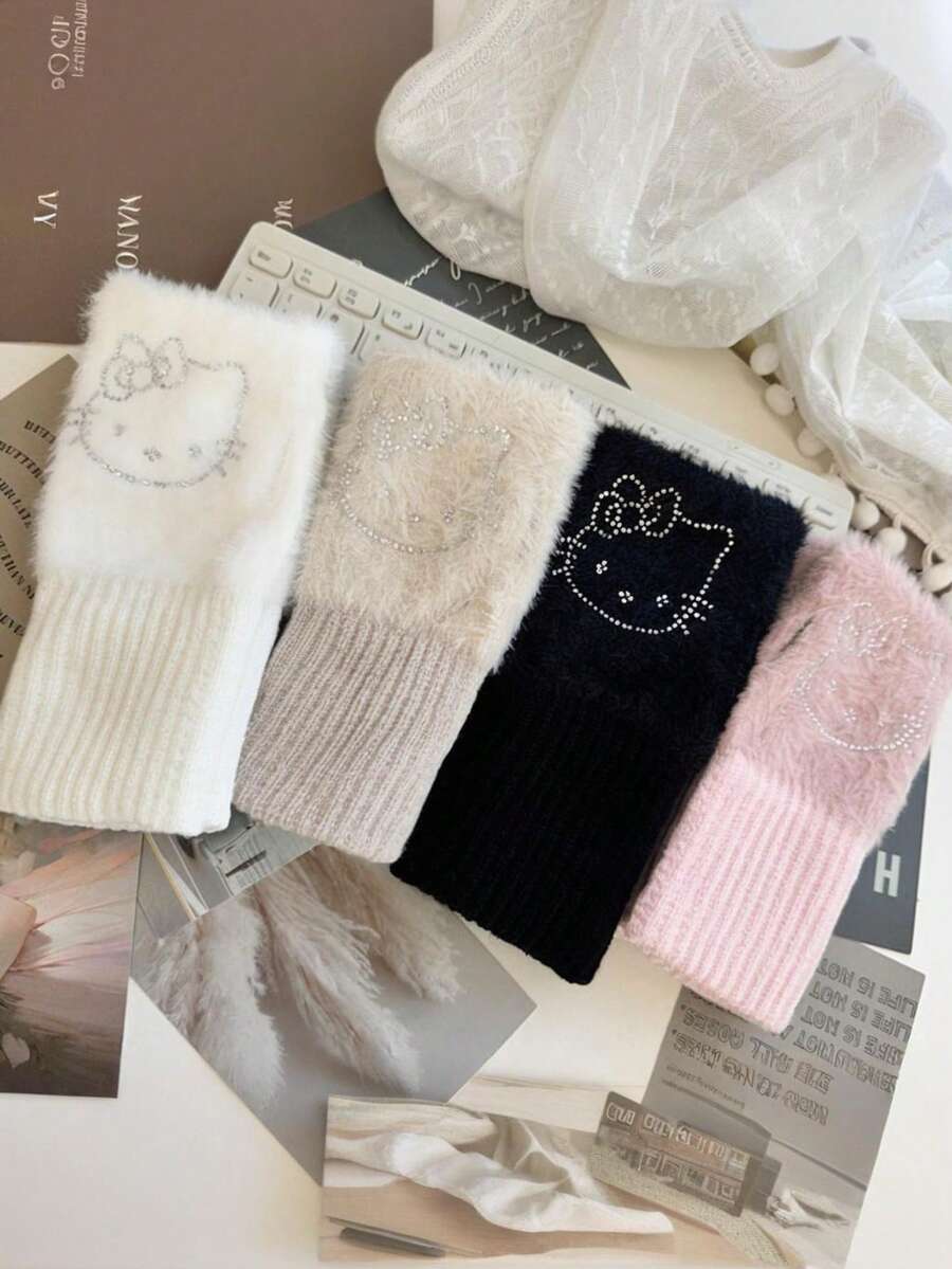 Sanrio Cute Kitty Cat Plush Half Finger Gloves For Women, Thick Warm Cycling Writing Wrist Gloves For Winter Thanksgiving Christmas Winter Holiday Outfit Women+Winter Gear+Gloves Bear+Christmas