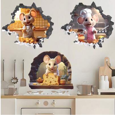 1 Piece 3D Cartoon Kitchen Mouse Chef Sticker Children's Room Decoration Mouse Hole Switch Sticker
