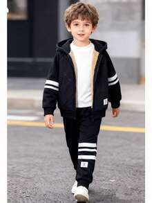 2pcs Boys Casual Fleece Jacket And Pants Set, Striped Print Pattern, Letter Graphic, Zip-Up Hooded Thick Warm Outerwear And Sweatpants, Comfortable Sporty Outfit Suitable For Outdoor Activities, Autumn/Winter