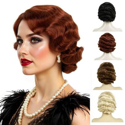 1920s Flapper Wig 20s Short Water Finger Wave Curly Wig For Christmas Gatsby Party BROWN BLACK Bug Blonde Wig Natural Synthetic Hair For Women Lady Daily Party Halloween New Year Costume Anime Cosplay REEWES