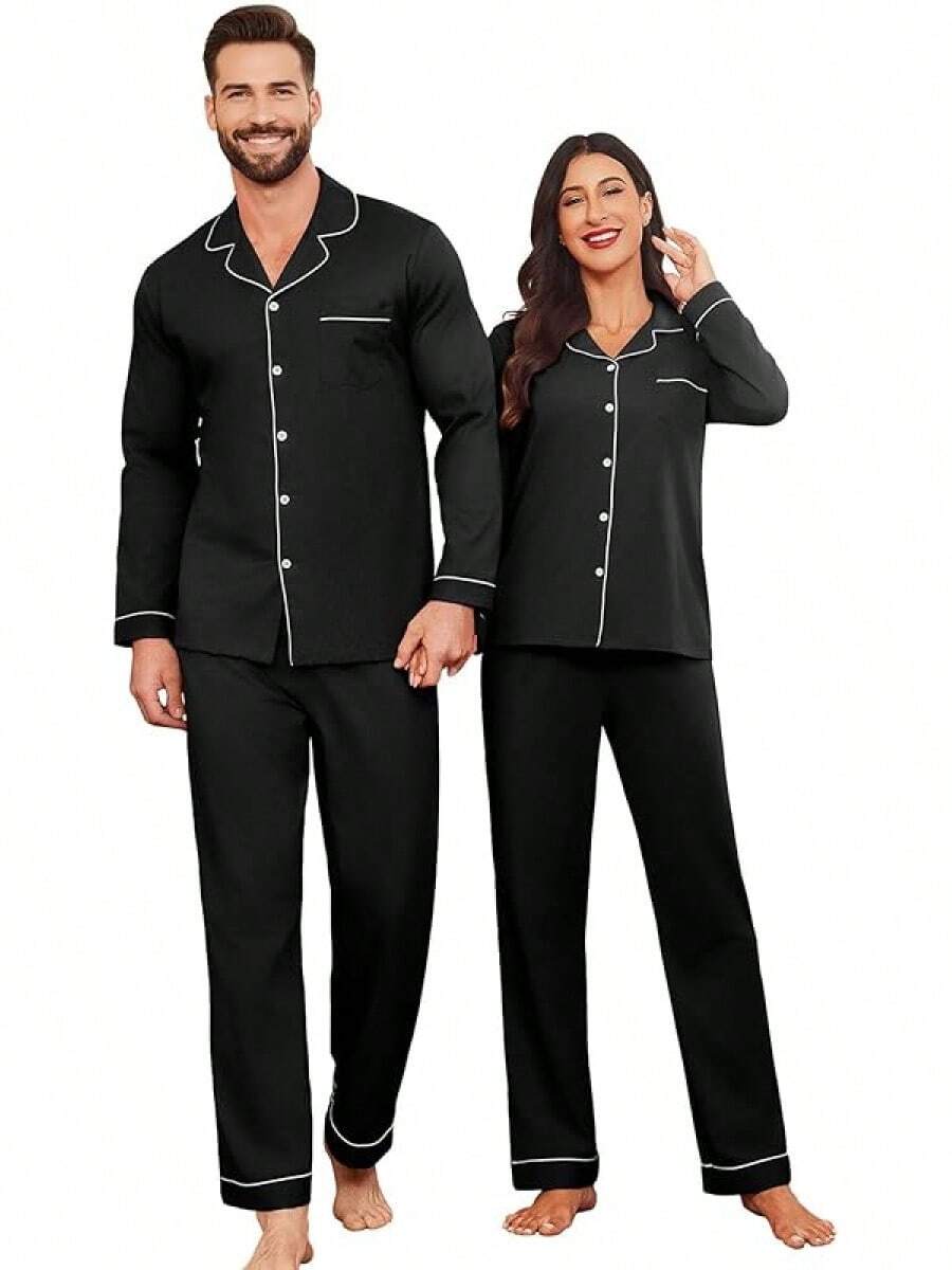 Couple Matching Pajamas 100% Cotton Long Sleeve Sleepwear Button Down Loungewear Pjs Set S-XXLhalloween - Black - View 1