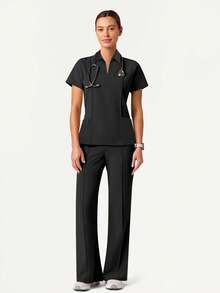 Women's V-Neck Short Sleeve Multi-Pocket Elastic Waist Pants Scrubs Nurse Scrubs Workwear Dentist Healthcare Pet Hospital Laboratory Scrub Set Black Spring - Black - View 6