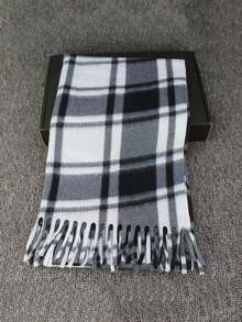 1pc Unisex Black, White & Gray Square Plaid Scarf, Faux Cashmere, Suitable For Outings, Group Purchases, Travel, And Gifts, Spring/Autumn
