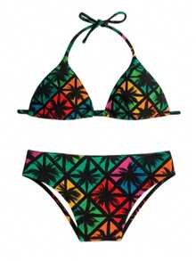 Printed Youth Bikini Set With Tie-Dye Triangle Top, Removable Pads, And Lined Panties For Summer - 墨綠色 - 查看 3