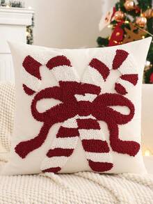 1 pièce/2 pièces Housse de coussin décorative de Noël, nœud en bonbon de Noël en peluche brodé sur canevas de couleur crème, cadeau de vacances pour le salon campagnard d'hiver, canapé, chambre à coucher, rouge - Rouge et Blanc - Voir 8