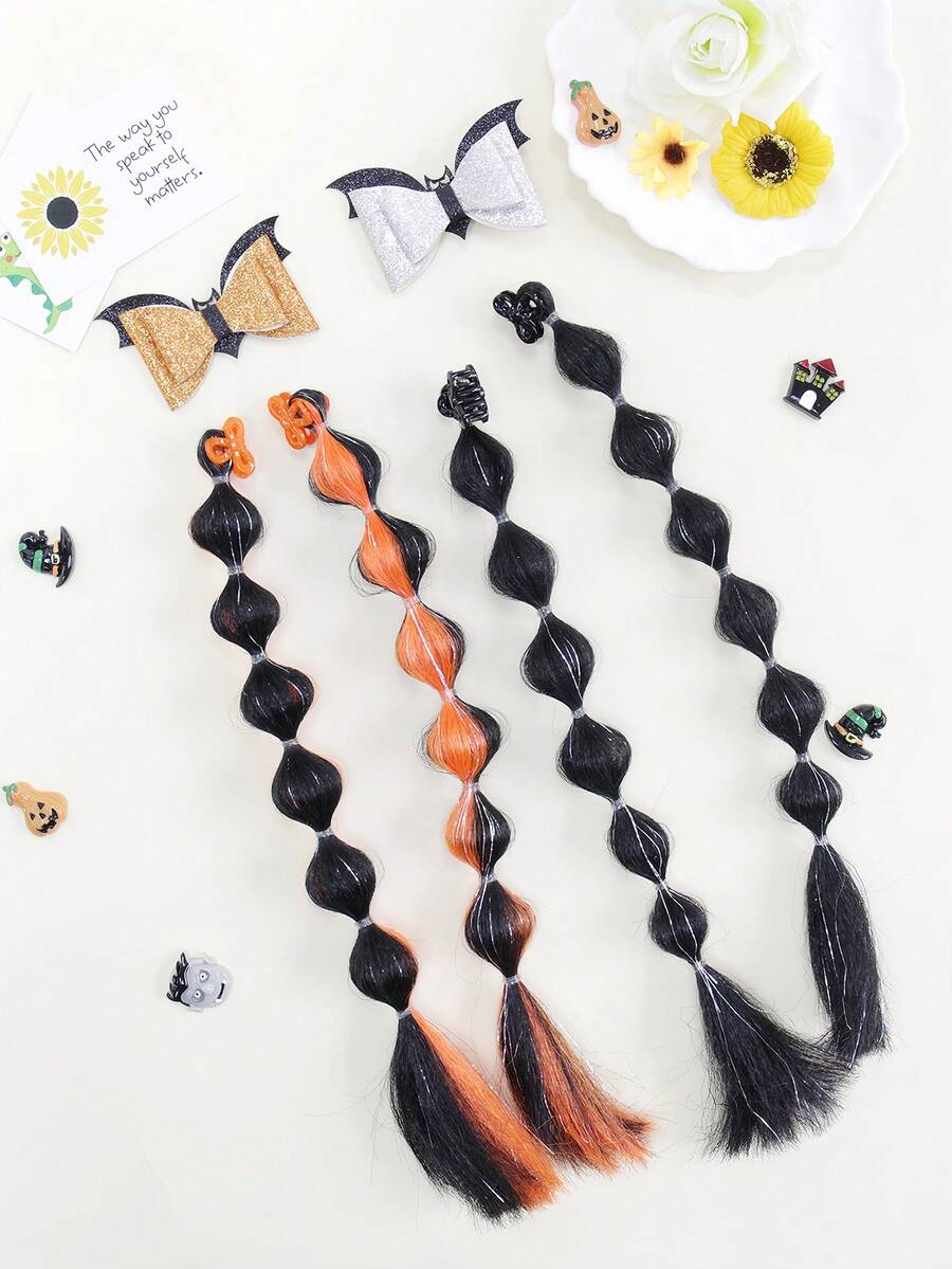 Set de accesorios para el cabello de Halloween - Pinzas para el cabello con murciélago y lazo, pinzas para trenzas con farolillo, pinzas para el cabello con trenzas de burbujas, pinzas para el cabello creativas con murciélago y lazo, accesorios esenciales para el cabello en fiestas de Halloween