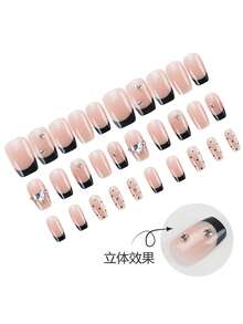 Bộ 30 miếng dán móng tay hình vuông/trái tim đính đá lấp lánh viền đen chấm bi kiểu Pháp, vừa khít với móng giả acrylic, bao gồm 1 lọ sơn gel và 1 dũa móng, phù hợp cho nữ giới sử dụng hàng ngày khi đi làm, học tập và gặp gỡ, cũng thích hợp cho các bữa tiệc, lễ hội và sử dụng hàng ngày trong mùa thu/đông. - Nhiều màu - Xem 3