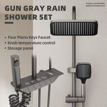 1 Set Modern Grey Shower System With Multi-Function Faucet And Storage Shelf, Suitable For Home Bathroom
