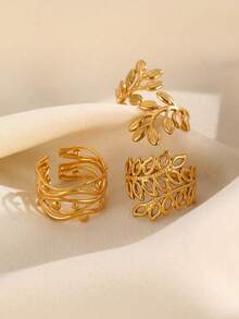 3pcs/Set Stainless Steel Leaf Line Decor Rings,Fashion Versatile Casual Everyday Wear - Yellow Gold - View 7