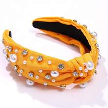 Pearl Knotted Headband For Women White Pearl Rhinestone Crystal Jeweled Embellished Hairband Fashion Elegant Ladies Wide Top Knot Bride Boho Head Band Headpieces Bachelorette Party Hair Accessories - 黃結髮帶 - 查看 7