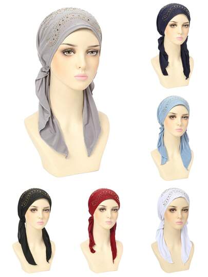 1 pezzo Nuovo turbante donna musulmana con decorazione di strass, colore unito, copricapo sottoturbante