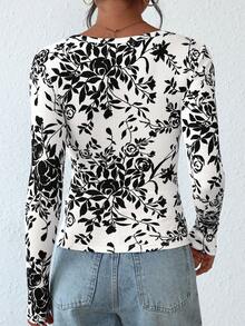Women's Fall Long-Sleeved Henry Shirt T-Shirt Button Ribbed Knit Fashion Tight Basic Top Shirt - 黑色花 - 查看 2