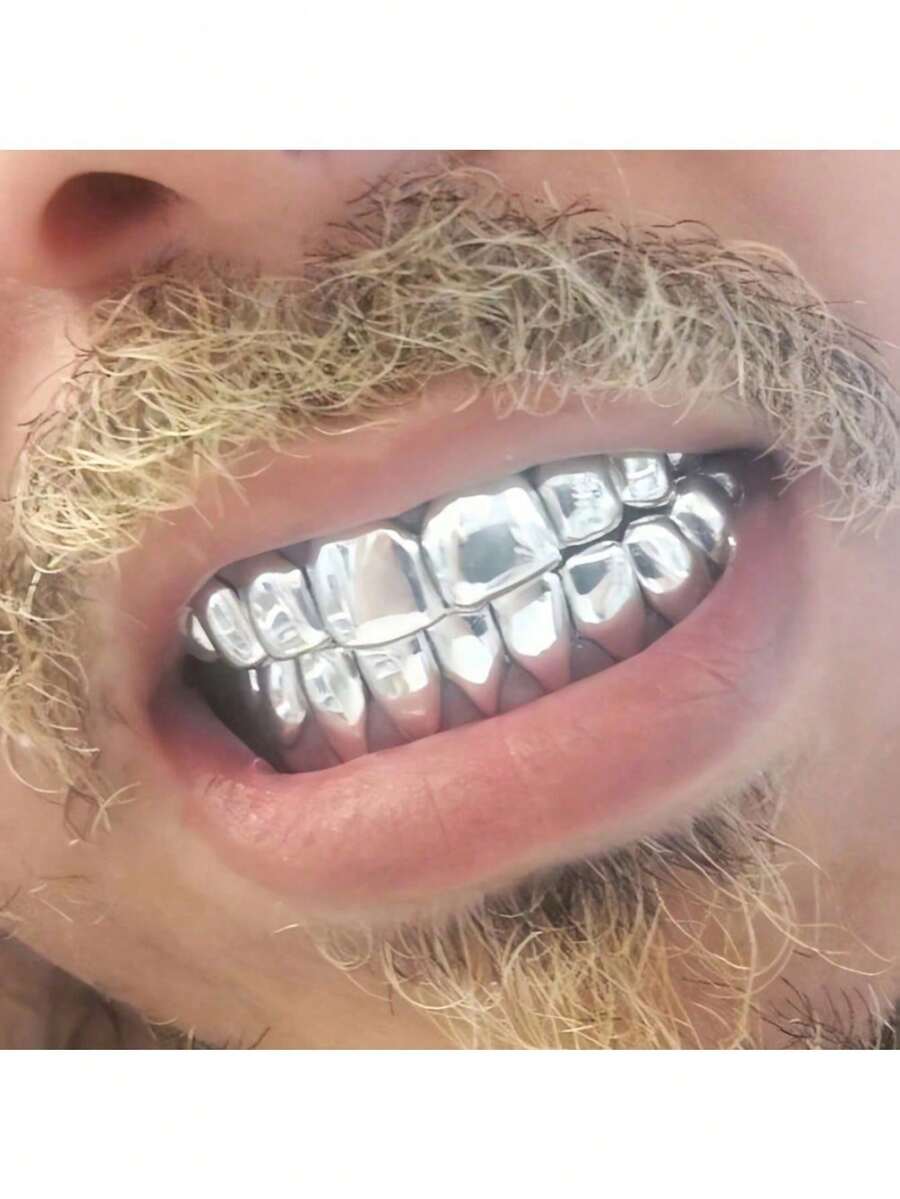 1/2 szt. 18-karatowych złotych, srebrzystych, platerowanych zębów HIP HOP, zestaw grilli na górne i dolne zęby z silikonem, prawdziwe błyszczące zestawy zębów wampira, modne stroje hiphopowe, złote aparaty ortodontyczne, osiem zębów, pozłacane aparaty ortodontyczne, dekoracja zębów na Halloween, modna, kreatywna i fajna biżuteria dentystyczna w stylu hip-hop