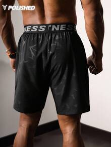 Boyfriend-Stil Herren Stier-Muster & Buchstaben Gurtband Lässig Shorts, Fitnessbekleidung, schwarze Gym Shorts, Athletische Shorts Schwarz, Herren Gym Shorts