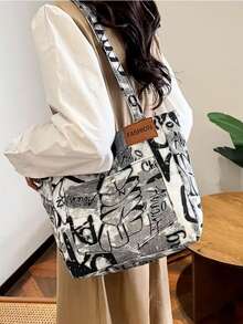 帆布单肩手提包 便携大容量包 女士新款时尚多功能通勤涂鸦单肩包 大学生手提包 - 黑與白 - 查看 4