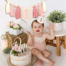 Pink Handmade 1st Birthday High Chair Banner With Wild One Cake Topper 1st Birthday Cone Hat Happy Birthday Party Decorations For Baby Girls Photoshoot Props Photo Props
