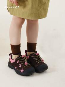 7-18 Years Old Unisex Vintage Trekking Shoes For Outdoor Running, Hiking And Other Sports Activities, Retro Round Toe Fashion Pink Star Pattern Casual Sneakers For School, Travel And Daily Wear