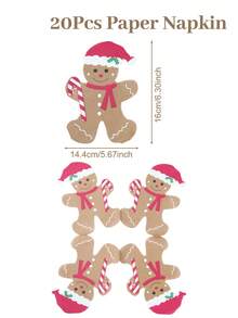 20Pcs Disposable Christmas Paper Napkins, Christmas Napkins With Gingerbread Man Design, Christmas Decorations, Disposable Tableware Decoration, Christmas Party Supplies, New Year Celebration Decor, Party Favor, Kitchen Supplies, Xmas Decor, Tableware For Party&Festive