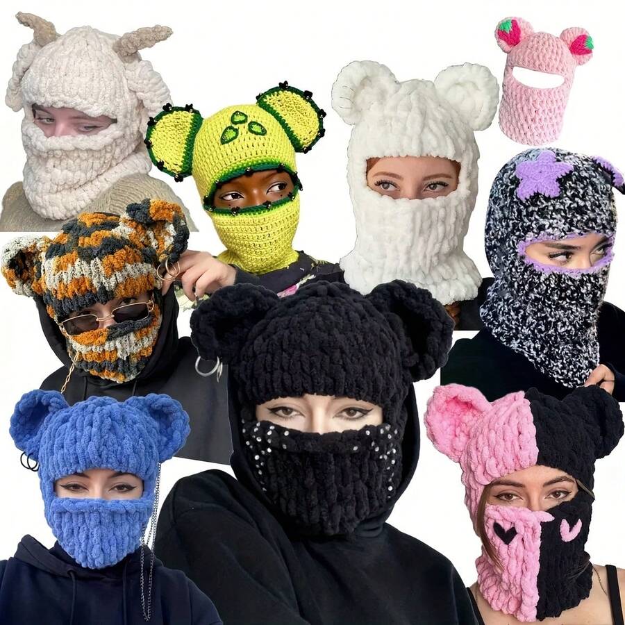 Women's New Bear Ear Knitted Hat, Adult Thickened Face Mask Integrated Knitted Hat, Autumn/Winter