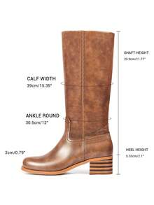 Wide Calf Dark Brown Knee High Campus Boots For Women, Square Toe Chunky Block Low Heel Vintage Long Boots For Holiday - 深棕色 - 查看 5