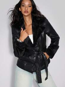 TypaGal 女士秋季秋冬休闲运动时尚现代外出优雅黑色纯色长袖休闲 PU 拼接腰部夹克带抽绳加厚保暖 - 黑色 - 查看 3