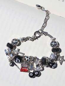 1 chiếc vòng tay hạt charm hình quả anh đào 8 bóng màu đen, vòng tay hình cô gái ngôi sao, vòng tay số 777 của quỷ, vòng tay hình ngôi sao và trái tim cổ điển thời trang - Bạc - Xem 7