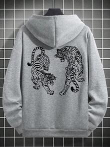 Krometka Men's Tiger Element Print Thermal Lined Hoodie, Autumn/Winter New Street Fashion - Grey - View 4
