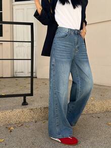 女士蓝色拼接阔腿牛仔裤，休闲宽松版型，适合日常通勤和购物 - 淺色水洗藍 - 查看 4