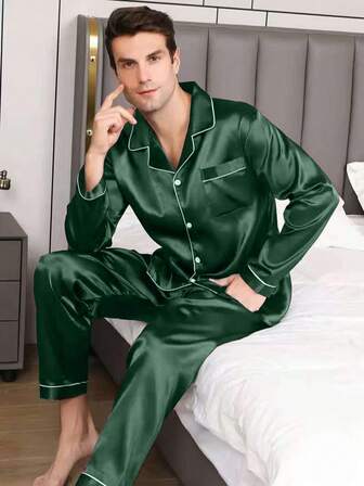 2pcs Men's Sleepwear Set, Long Sleeve Shirt And Long Pants, Solid Color Pocket Front Button Casual Loungewear, Retro Gentleman/British Style Solid Color Men's Pajama Set, Suitable For Home, Leisure, Outdoor Fashionable Wear, Winter Clothes