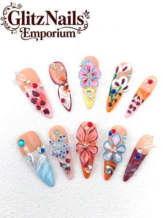 10 Pieces Of Pure Handmade Nail Pressure Nails 33mm Thin High-Heeled Long Nails French Leopard Nails Three-Dimensional Modeling Glue Carving Craft Sunglasses Powder Three-Dimensional Butterfly Decoration Multi-Color With Cute Fashion Suitable For Women To Wear Three Sizes To Choose From Suitable For A Variety Of Occasions, Parties, Dances And Daily Wear