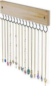 Lolalet Wooden Necklace Holder For Wall With 15 Hooks, Necklaces Hanger Easy Install Wall Mount Necklace Organizer, Jewelry Hangers For Chains, Bracelets, Earrings -Brown