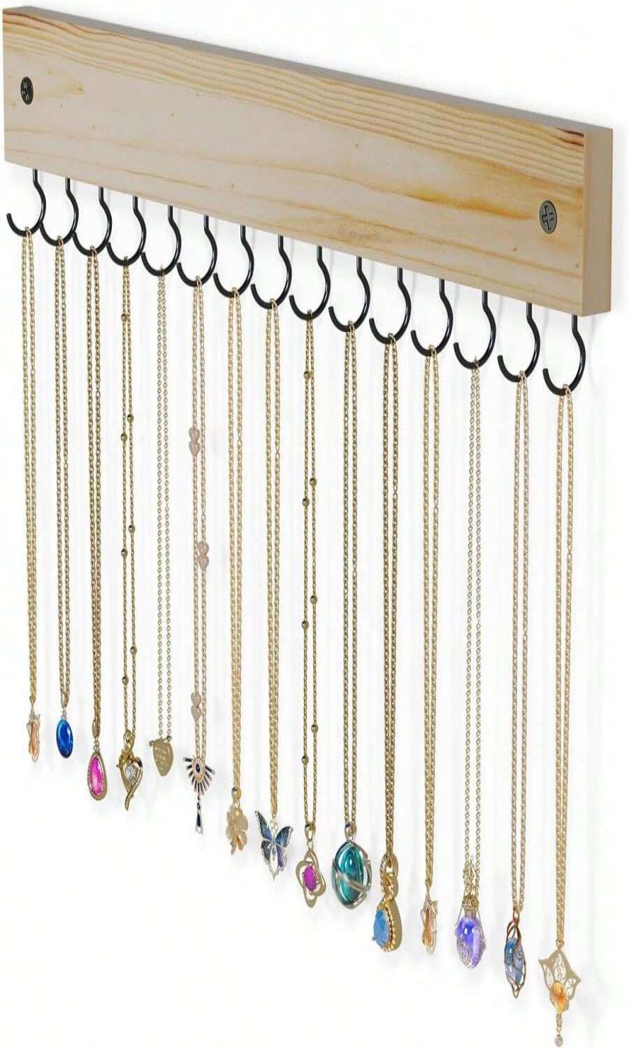 Lolalet Wooden Necklace Holder For Wall With 15 Hooks, Necklaces Hanger Easy Install Wall Mount Necklace Organizer, Jewelry Hangers For Chains, Bracelets, Earrings -Brown