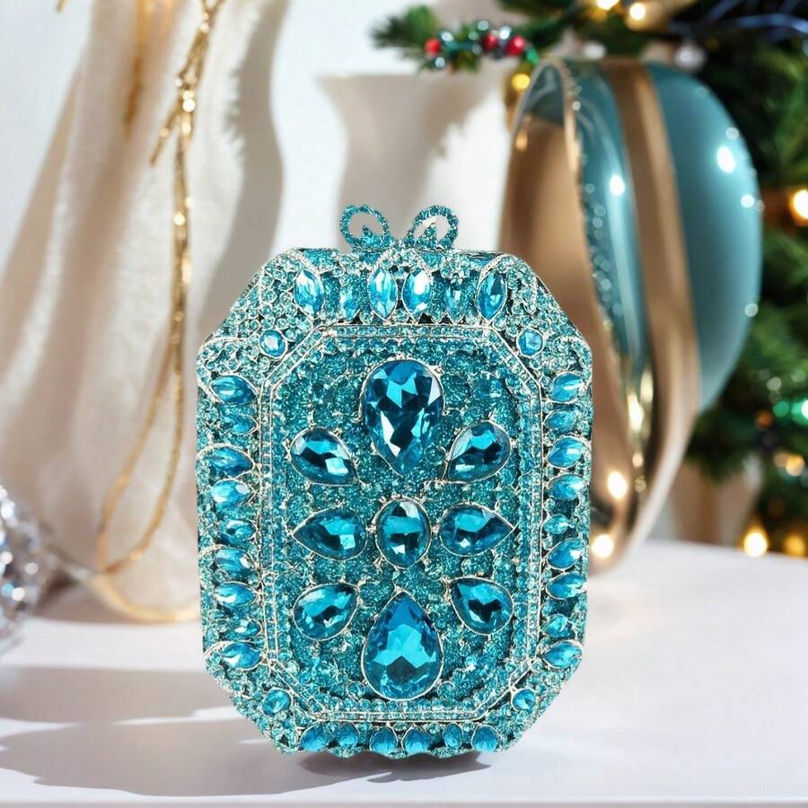 Rhinestone Party Prom Wedding Rose Crystal Clutch Bag Purse Wallet Diamond Metal Chain Clutch Purse Shoulder Evening Bags,Dinner Bag Square Champagne Gold Full Diamond Chain Banquet Glass Rhinestone Clutch Bolsos Elegantes - 藍色 - 查看 1