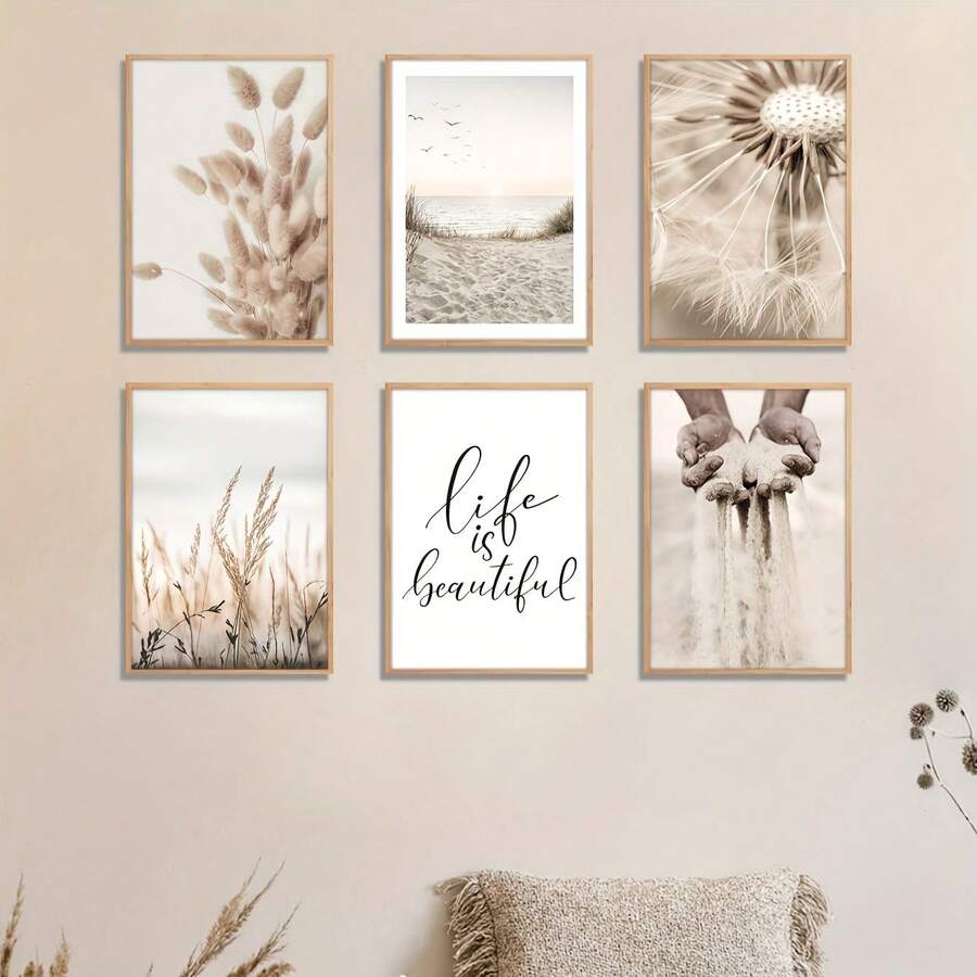 6pcs Unframed Nature Beach Scenes Canvas Poster, Beige Landscape Painting, Prints Canvas Wall Art, Artwork Wall Painting For Gift, Bedroom, Office, Living Room, Dormitory, Wall Decor, Home Decoration