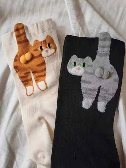 2 /4Pairs Random Cat & Bell Design Casual Mid-Calf Socks, Funny & Cute For Summer, Fall