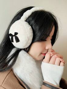 1 件 Y2K 可爱粉色蝴蝶结装饰毛绒可折叠耳罩，女士冬季防风耳罩，适合骑行和户外活动 - 白色 - 查看 2