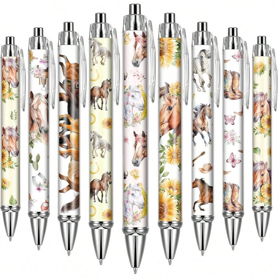 24 piezas Bolígrafos retráctiles de regalo de oficina, bolígrafos de punta fina con suave tinta negra y patrón de caballo de dibujos animados, adecuados para diario, escuela, trabajo, enfermería, medicina, graduación