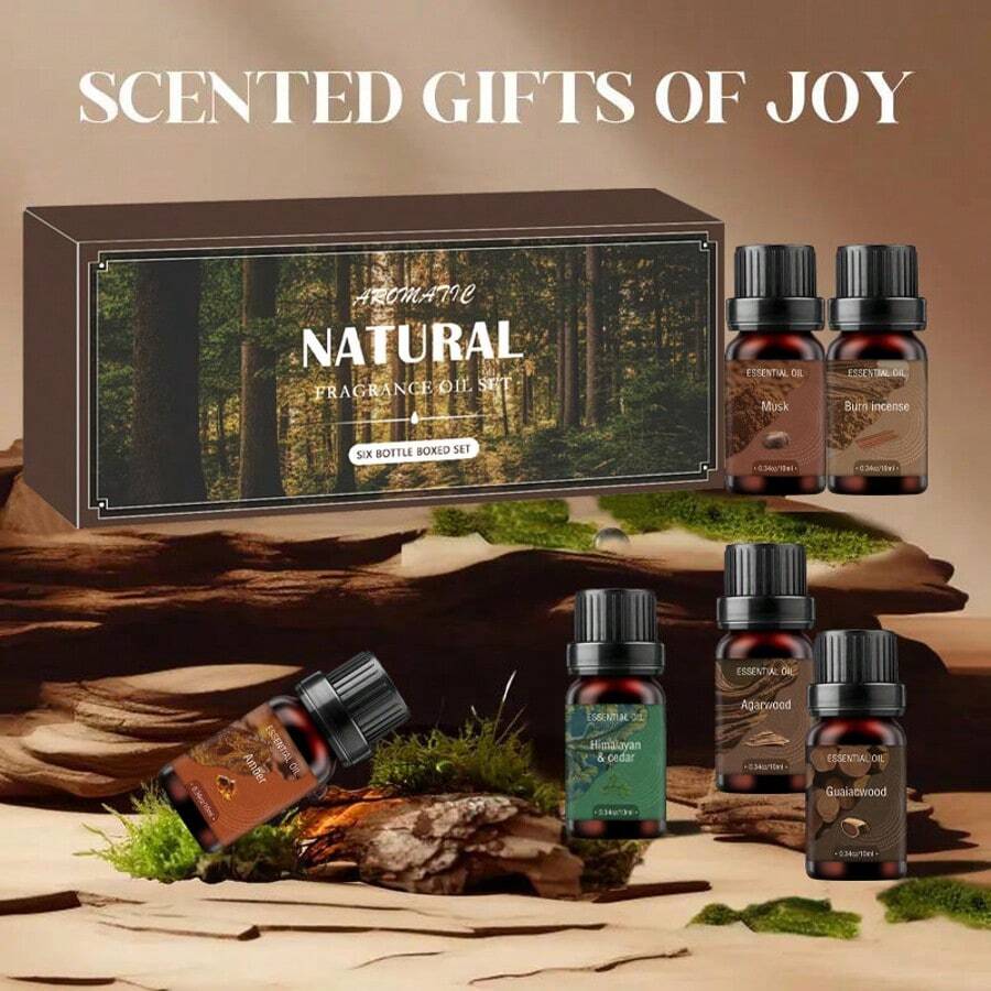 Woody Essential Oil Set 6x10ml Woody Aromatic Essential Oil Set, Suitable For Candle Making And Use With Diffusers, Humidifiers, And Aroma Stones. Ideal For Home, Indoor, And Car Use. Includes Agarwood, Amber, Frankincense, Himalayan Cedarwood, Musk, Guaiac Wood. Perfect Holiday Gift, Top Choice For Men.